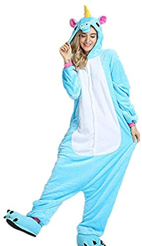 Yigoo Pyjama Jumpsuit Oneise Overall Damen Einhorn Tier Herren Lang Karneval Kostüm Cosplay Fleece mit 3D Kapuze Blau L