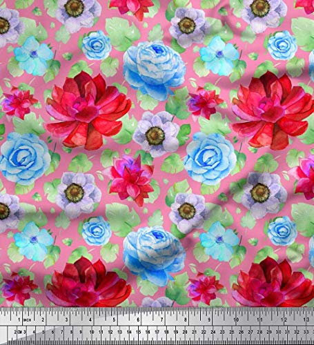 Soimoi Rosa Viskose Chiffon Stoff Monstera Blutter, Anemone & Begonie Blumen- Stoff Meterware 42 Zoll breit
