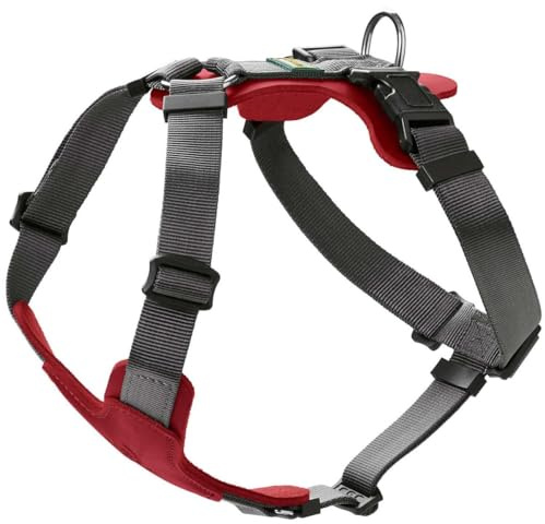 HUNTER Hundegeschirr AALBORG MIXED, Farbe: rot/grau, Rindsleder/Nylon, 5-fach verstellbar, leicht, mit Kunststoffschnallen, Made in Germany, Größe: M