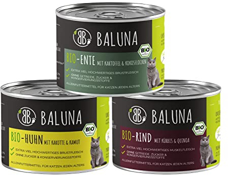 Baluna Bio Katzenfutter | Von Bio-Höfen aus der Region | Hergestellt in DEU | Hoher Fleischanteil (Probierpaket, 3x200g)