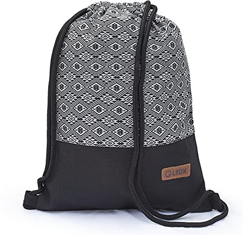 By Bers Leon großer Premium Turnbeutel mit Innentaschen Rucksack Tasche Damen Herren Teenager Gym Bag Draw String 45x34cm für Sport Reise Alltag Einkauf (Boho 001Schwarz)