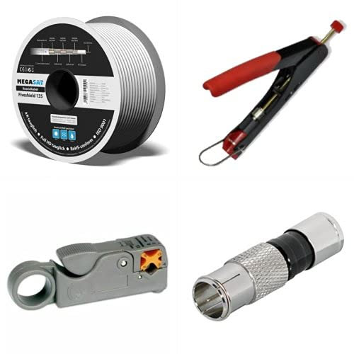AC-Sat-Corner 100m Megasat Koaxialkabel 135db 5 Fach + Kompressionszange + Abisolierer + F-Quick Kompressionsstecker 7mm HQ 100x Stück