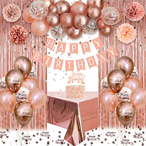 Decoración de cumpleaños, niña y mujer, globos, banderola feliz cumpleaños, arco de látex rosa dorado, confeti, pompones reutilizables para niños y adultos