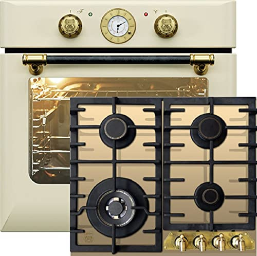 Kaiser Olan Ensemble four EH 6432 ElfBE Eco+KCG 6335 ElfEm, Retro four encastrable, 68 L, tournebroche, 10 fonctions +plaque de cuisson gaz 60cm, verre ivoire, Retro cuisinière encastrable