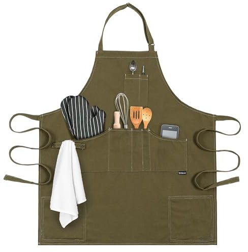 opux Chef Apron for Men, Canvas Apron with Pockets for Women, Large BBQ Apron for Kitchen Grilling Baking, Heavy Duty Work Apron with Adjustable Neck Strap for Barber Gardening, Olive