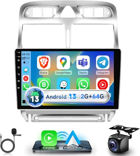 Autoradio 2G+64G sans Fil CarPlay pour Peugeot 307 2002-2013, écran Tactile 9 Pouces, Android 13.0, Android Auto sans Fil, DSP, Bluetooth, Mirror Link, FM/RDS, GPS