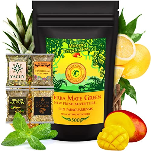 Yerba Mate Tee Set - Mate-Tee Mate Green Mango Tropicales 500g + Tee Set 4x25g - Yerba Mate mit Frucht ● Yerba Mate-Tee mit Mango, Ananas, Zitrone