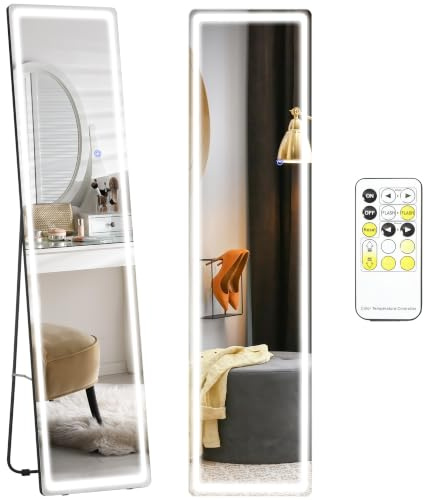 HOMCOM Miroir sur Pied Rectangulaire Lumière LED 40 x 37 x 157,5H cm | Miroir Mural, Intensité et Couleur Réglable, avec Télécommande