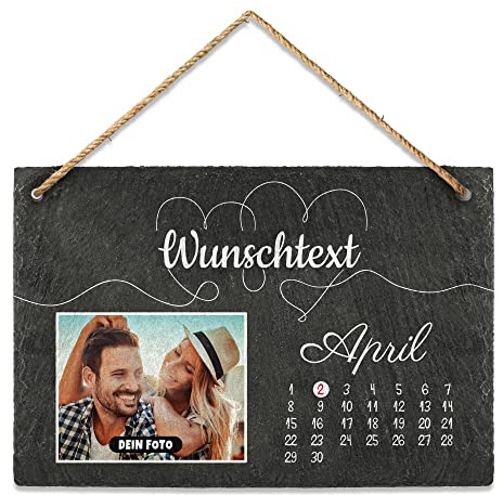 PR Print Royal Schieferplatte selbst gestalten - Kalender mit Foto, Wunschtext und Datum personalisieren - Valentinstag, Geschenk zum Jahrestag | Schiefertafel mit Kordel, 20 x 30 cm