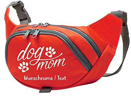 Tierisch-tolle Geschenke Dog Mom Bauchtasche Leckerlie -Tasche mit Wunschnamen personalisiert | Hundetraining | Leckerlie Beutel (Rot/Beige)