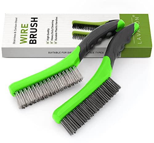 Wire Brush Set,Heavy Duty Carbon Steel and Stainless Steel Wire Scratch Brush for Cleaning Rust,Paint, Welding with Long Curved Rubber Handle,2 Pcs,Large (Green)