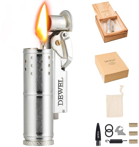 DEWEL Trench Lighter, Reusable Windproof, Pressure-Relief and Permanent Match, Wheel Kerosene and Pipe Lighter Fluid Refillable, Vintage Fine Copper, Unique Birthday Gifts for Men Dad Husband