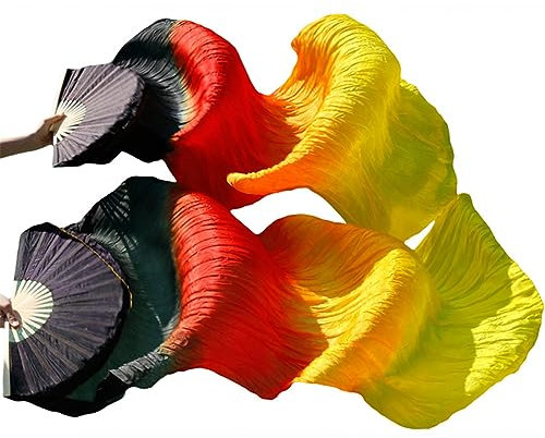 Pulcykp Handgefertigte Frauen Seide Bauchtanz Fan Tanz Seide Schleier 1 Paar Regenbogenfarben Feuerfächer L-180 cm-1 Paar (2 Stück)