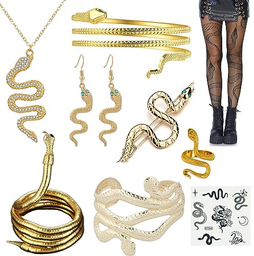 XHBTS Lot de 10 bijoux serpent - Bracelet, boucles d'oreilles, bague, pince à cheveux, collants en résille, tatouage, ras-de-cou, collier pour fête d'Halloween