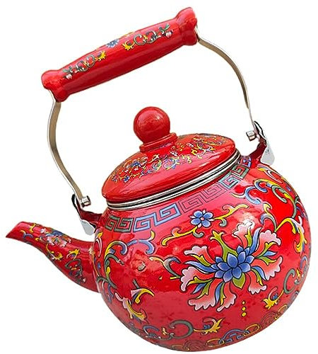 JTBDWOSK Emaille Teekanne Wasserkessel Teekessel Wasserkocher Kaffeekanne Tee Servierkanne Pfeifkessel mit Teesieb Griff für Nachmittagstee Teeparty Zuhause Büro Dekoration Geschenk 2.2l,Rot