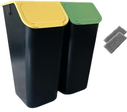 Go Practic Mülleimer Set 2 Stück 35L Gelb und Grün mit Deckel, Ohne Griff, Stapelbox Abfalltrennsystem zur Mülltrennung in Küche, Abfallsystem mit Click-Funktion, Abfallbehälter zur Trennung +Filter