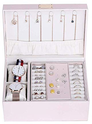BONOOL Schmuckkästchen, tragbare Schmucktruhe aus Leder mit 2-lagigem Metallschloss, vielseitiger Schmuck-Organizer, rosa Schmuckschatulle für Damen