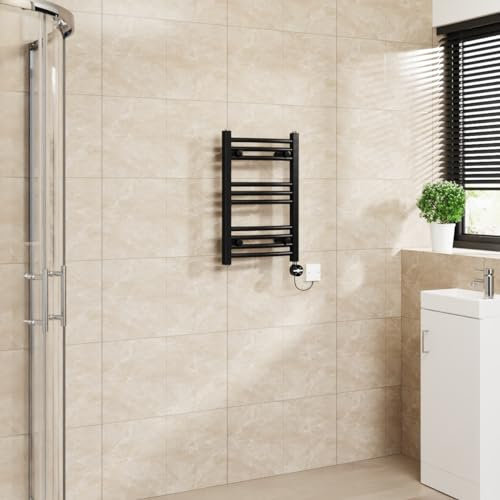 Warmehaus Touch Screen Electric Heated Towel Rail Curved Thermostatic Bathroom Towel Radiator with Timer Black - 600x400mm