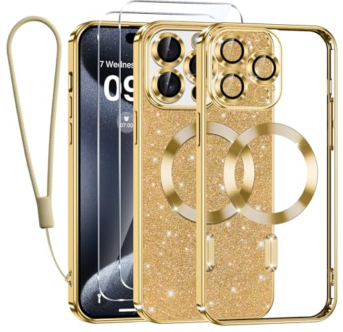 Kokio Handykette für iPhone 15 Pro Max Hülle mit Band, [Kompatibel mit MagSafe] Glitzer Magnetisch Handyhülle für iPhone 15 Pro Max mit 2 Stück Schutzfolie Stoßfeste Silikon Schutzhülle, Gold