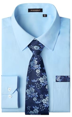 HISDERN Light Blue Dress Shirts for Men Long Sleeve Solid Shirt and Tie Set Formal Business Button Down with Pocket L