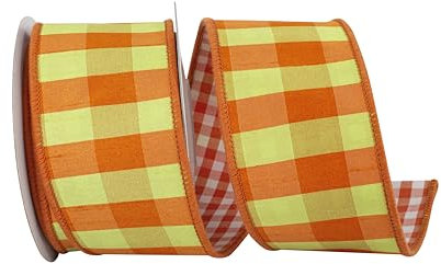 Reliant Ribbon Dupioni Schleifenband mit Drahtrand, kariert, Vichy-Muster, Orange/Grün