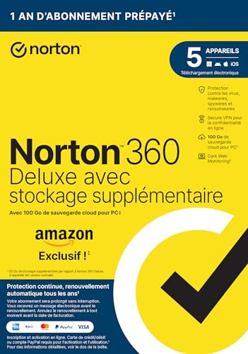 Norton 360 Deluxe Exclusivité Amazon* + 50 Go de sauvegarde cloud supplémentaire |5 Appareils | 1 An d'Abonnement en renouvellement automatique | Envoi par la poste
