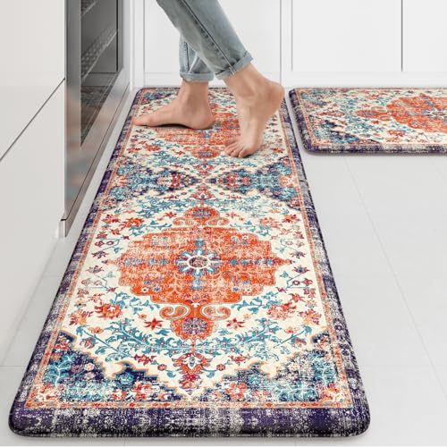 KIMODE Anti Fatigue Kitchen Mat, Boho Vintage Kitchen Rugs Sets of 2, Cushioned Non-Slip Kitchen Mats for Floor, Comfort Kitchen Floor Mats for Sink, Laundry, Desk Orange/Purple,17x47+17x29
