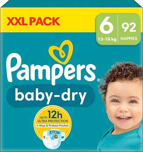 Pampers Baby-Dry Größe 6, 92 Windeln, 13 kg - 18 kg, mit einer Stop- & Protect-Tasche auf der Rückseite der Windel für eine Nacht bis zu 100% ohne Auslaufen