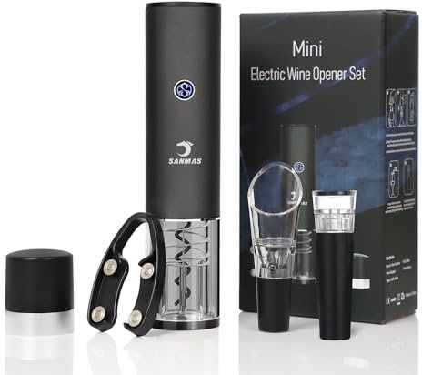 SANMAS Mini Electric Wine Bottle Opener, Rechargable Automatic Corkscrew Opener Set with Foil Cutter Wine Stopper Wine Aerator Pourer for Wine Lover Gift
