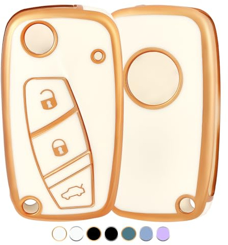 OFF WE GO Autoschlüssel Hülle Schlüsselhülle Cover für FIAT Bravo Doblo Ducate Panda Grande Punto Stilo Ulysse Fiorino Idea Qubo Schlüsselcover 3 Tasten Schlüssel Schutz Gehäuse, Weiß Gold