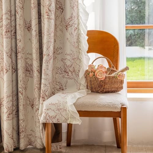 Daesar Schiebevorhänge Blickdicht 2er Set, Verdunkelungsvorhang Ösen Kinderzimmer 107x132CM Bedruckt Blumen Motiv mit Rüschen Rot Gardinen Vorhänge Schlafzimmer Wohnzimmer