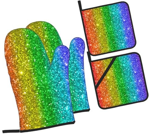 4 Pezzi Presine E Guanti Da Forno Rainbow Looks Like With Sequin Guanti Da Forno Resistente Al Calore Guanti Da Cucina Divertenti Guanti Forno Per Campeggio, Cucinando, Cucina