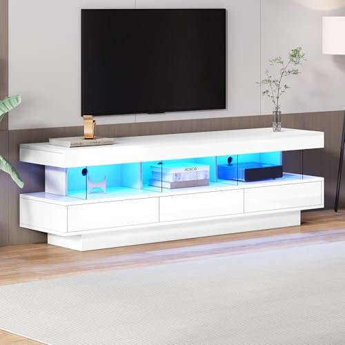 Support TV haute brillance avec 3 étagères en verre, éclairage LED, connectivité Bluetooth pour téléviseur de 70, support TV en verre brillant, support Smart TV (blanc)