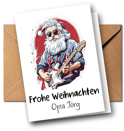 Generisch Personalisierte Weihnachtskarte – Rock’n’Roll Weihnachtsmann mit Gitarre – witzige Karte zu Weihnachten mit Name für Männer, Opa, Papa, Freund – individuelle Weihnachtsgrußkarte A6