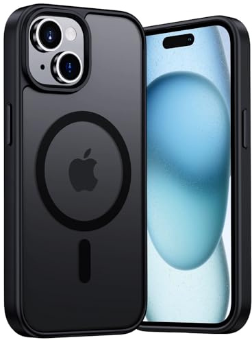 Aunote Magnetische Hülle für iPhone 15 6,1 Zoll Kompatibel mit MagSafe Kabellosem Laden, Kratzfeste Matt Rückseite Handyhülle Stoßfest Schutzhülle- Schwarz