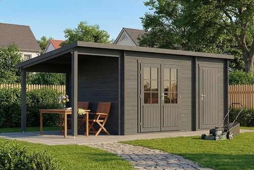 Alpholz Gartenhaus Maria mit Anbau & Schleppdach aus Holz 598 x 272 cm mit 28mm Wandstärke in Imprägnierung Grau