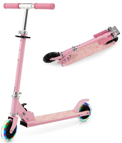 GOPLUS Roller Kinder 3 Jahre, 3-Stufig höhenverstellbarer Kinderroller, Kinder Scooter mit LED Rädern & Hinterradbremse, klappbarer Kickscooter mit/ohne Tragegurt & Ständer, Leichter Aluminium-Roller