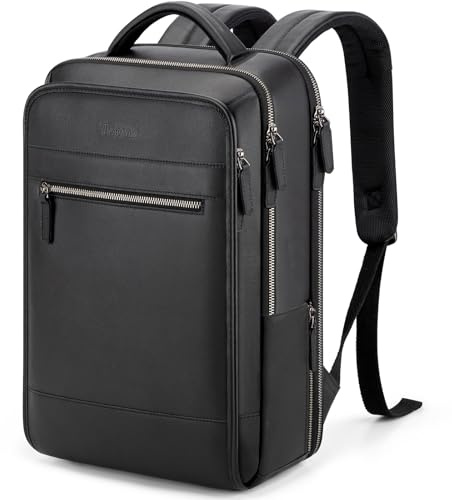 Tzowla Mochila Portatil de Cuero Hombre y Mujere,Mochilas Clásico Cuero Genuino con Puerto de Carga USB/Tipo C para Laptop de 15,6 ,Pulgadas,Mochila Delgada para Viajes Trabajo y Negocios -Negro