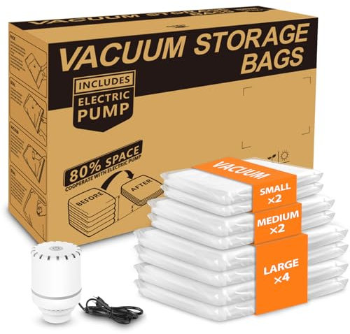 Vacbird Vacuum Storage Bags for Clothes, 8-pack Vacuum Bags with Electric Pump(4L + 2M + 2S), Reusable Space Saver, for travel, Clothes Storage, Duvets Bedding