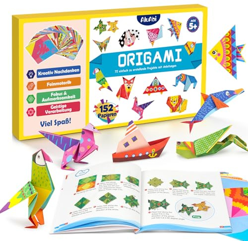 AluAbi Origami Kit for Kids Ages 6-12,152 Sheets Double Sided Origami Paper Set with Guiding Book,72 Patterns, Square Folding Paper,DIY Children's Art & Craft Activities,Gift for Beginners Girls Boys