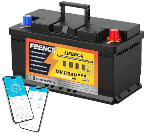 FEENCE LiFePO4 170Ah Bluetooth, Lithium batterie 12V 170ah mit BMS Low Temperature Schutz und Max. 15000 Zyklens,2176Wh Autobatterie für Wohnmobil,Boot,Solarpanel