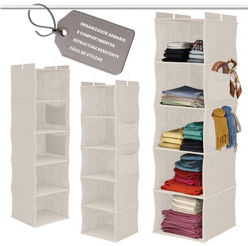 AMMERGI Organizador Armario Colgante, Organizador de Armario con 5 Estantes y Bolsillos Laterales - con 2 Ganchos (30 * 30 * 102 cm) Y Refuerzo de Bambú (Beige) 2 Piezas