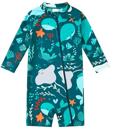 upandfast Bañadores de Una Pieza para Niño Bebé con Diseño de Ballena - Traje de Baño con Manga Larga Protección UV UPF 50+ y Cierre Cremallera Frontal 18-24M