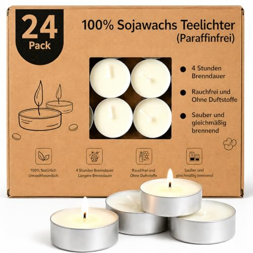 LETINE 24 velas de té de cera de soja, blancas, sin fragancia, 4 horas de combustión, paquete grande, decoraciones de fiesta