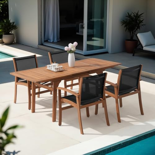 OC Orange-Casual Gartengarnitur mit 4-6 Stühle,Akazienholz Esstisch-Set für 4–6 Personen, Ausziehbarer Gartentisch mit Stühlen, Schirmloch und atmungsaktivem Textilene-Gewebe (Schwarz, 4-teilig)