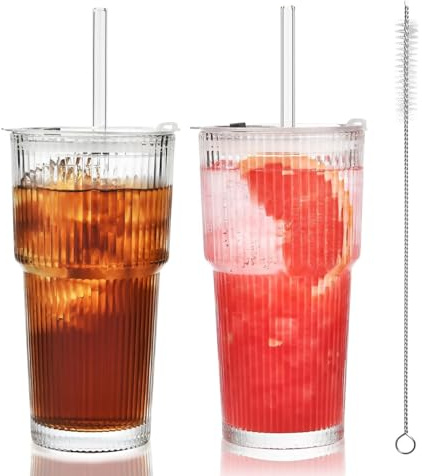 2 Pack 20oz/600ml Glass Tumbler with Straw and Lid - Ribbed Iced Coffee Glasses, Clear Leakproof Drinking Cups for Cold/Hot Beverages, Smoothies, Matcha, Cocktails, Juice, Water