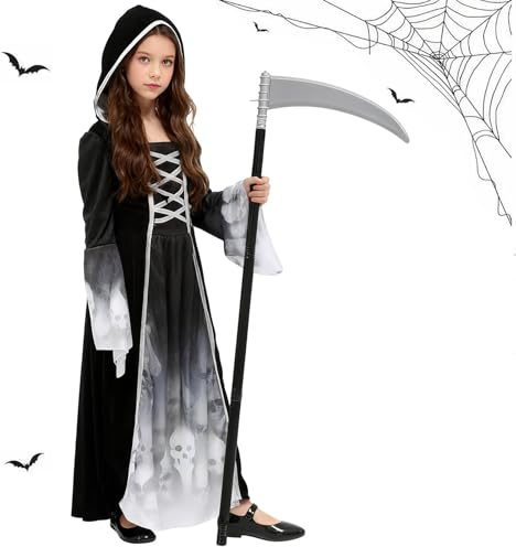 Halloween Costume Morte Bambina, Costume Mietitore Bambina Mietitrice, Mietitore Scheletro, Costume Halloween Morte con Falce, Costume Principessa Fantasma, per Halloween Carnevale Cosplay (M)