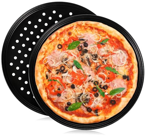 DECORNIJIA 2 Piezas Bandeja para Pizza Redonda con Antiadherente para Horno de Resistente Altas Temperaturas para Horneado Uniforme