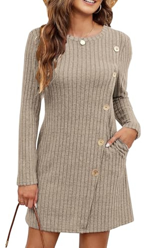 Koerye Donna Maniche Lunghe Vestiti Scollo Rotondo Linea ad A Midi Abito | Invernale Casual Abito in Maglia a Coste Elegante Maglione Pullover Svasato Midi Abito