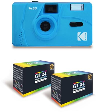 KODAK M35 - Fotocamera ricaricabile da 35 mm, obiettivo grandangolare fisso, mirino ottico, flash incorporato, blu + 2 pellicole GT24, colore compatibile con 24 esposizioni